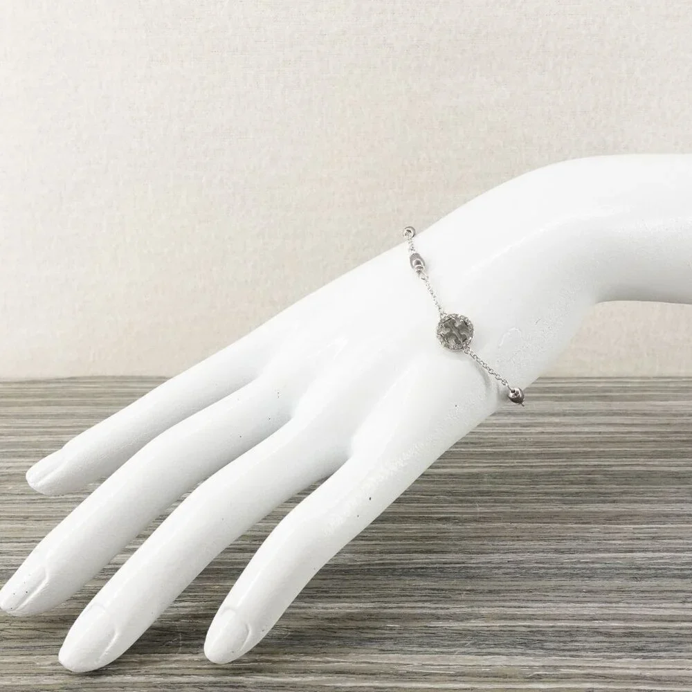 Tory Burch Miller Pave Logo Cultured Pearls Bracelet Silver OS